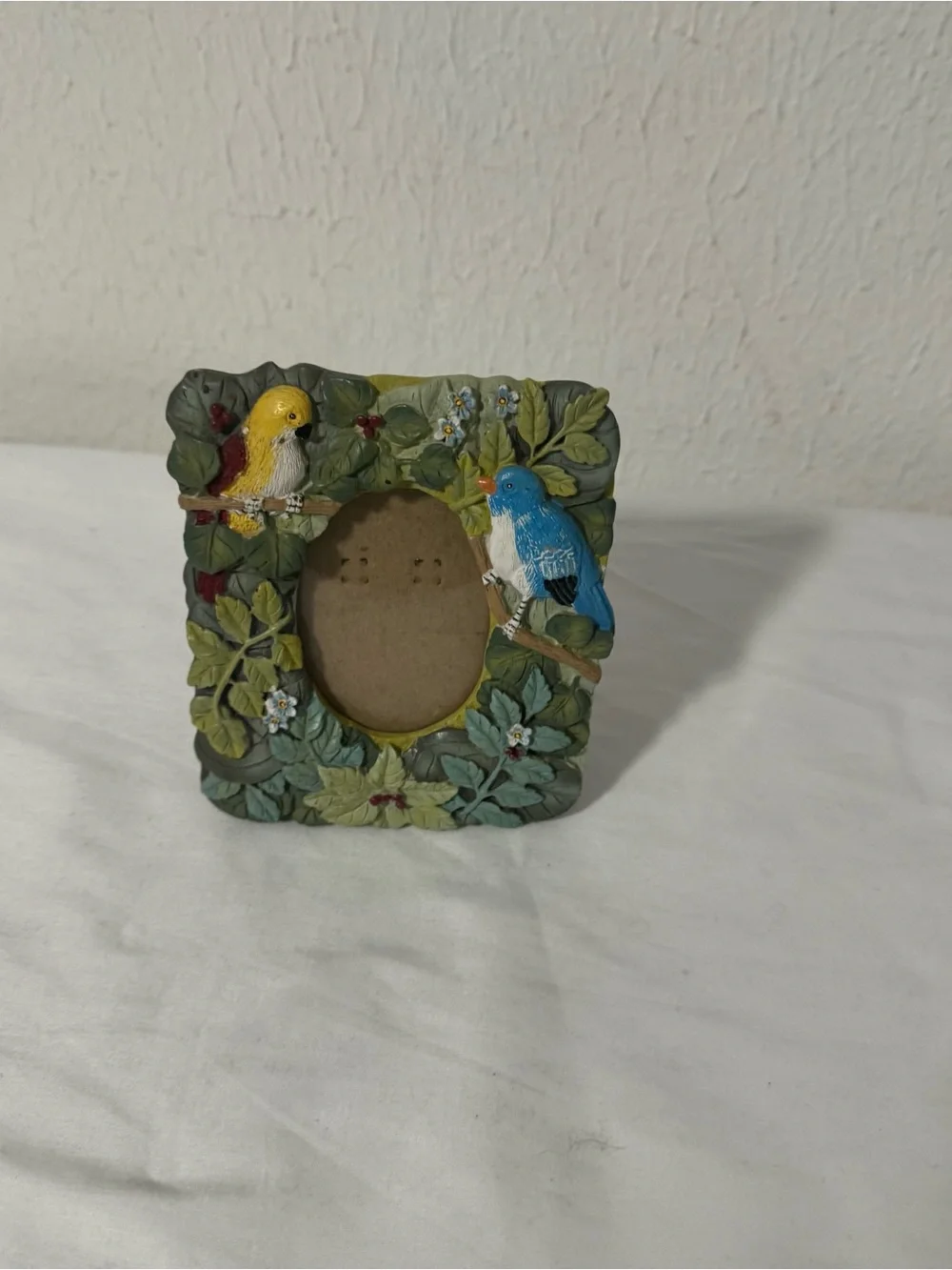 Vintage Green Leaf Picture Frame with Blue and Yellow Birds Ceramic Colorful